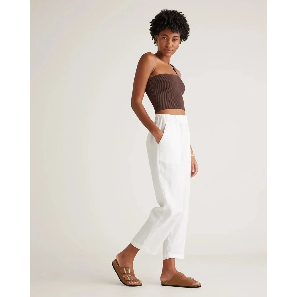 Quince 100% Linen Solid White Elastic Waist Pants Size Small Minimalist‎
